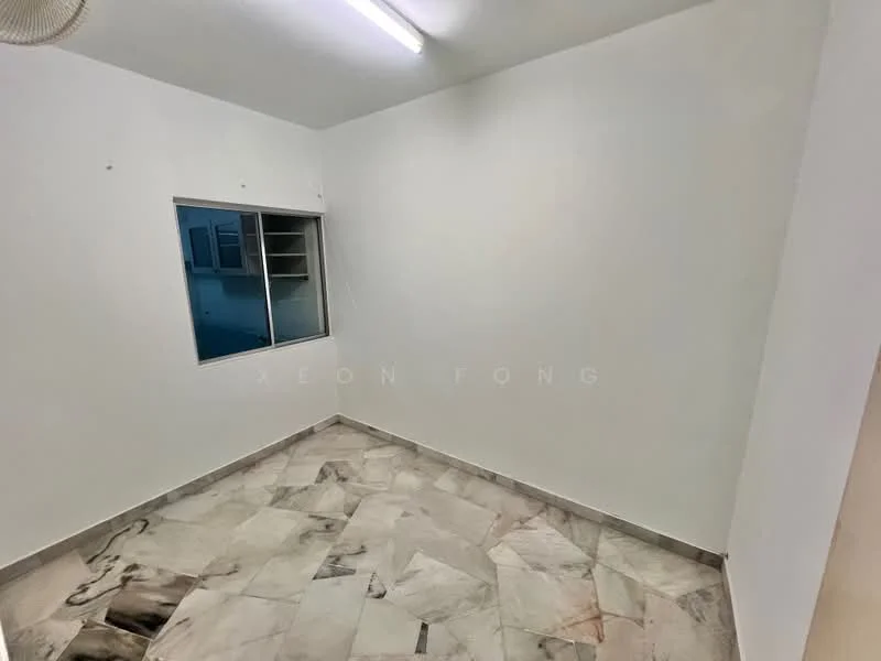 Room features: white painted walls, marble tile flooring, single window with metal frame, ceiling light fixture, corner room.