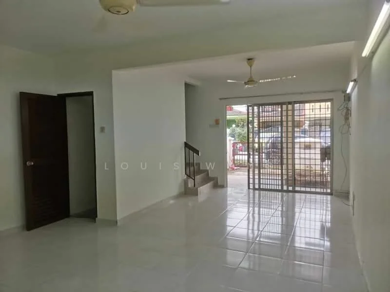 Living features: white painted walls, glossy ceramic tile flooring, 5-blade ceiling fan with light, sliding glass door, security grille, staircase leading to upper floor, wall-mounted electrical outlets, natural light from sliding door; style: modern; view: garden.