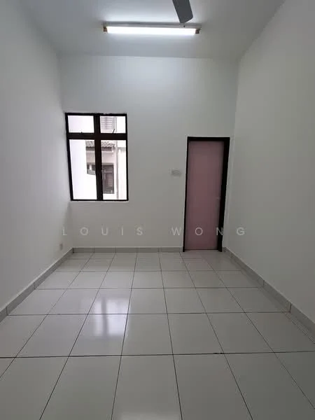 Room features: white painted walls, glossy white floor tiles, single window with black frame, ceiling light fixture, door with pink panel, corner wall, neutral color scheme, no visible furniture; style: minimalist.