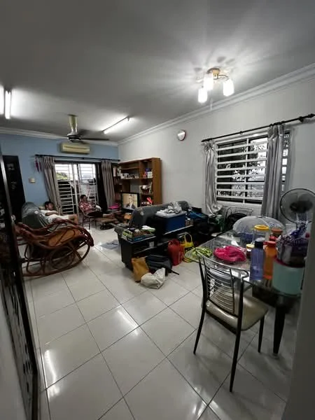 Living features: white painted walls, glossy tile flooring, ceiling fan with light, recessed downlights, large windows with sheer curtains, wooden rocking chair, black leather sofa, wooden bookshelf, TV console, dining table with metal chairs, various decorative items on shelves, area rug, wall-mounted clock; style: contemporary.