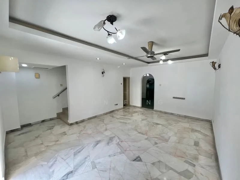 Living features: marble flooring, white painted walls, tray ceiling, recessed downlights, 3-blade ceiling fan, 2 wall sconces, arched doorway, staircase visible, neutral color palette; style: modern.