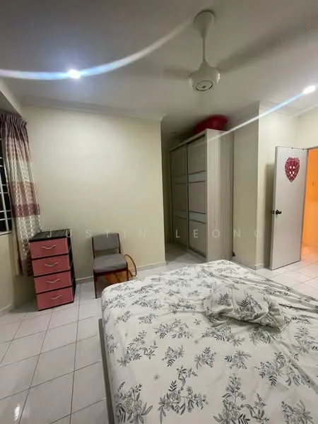 Bedroom features: queen-size bed with floral bedding, white tiled flooring, light yellow painted walls, ceiling fan, built-in wardrobe with sliding doors, window with sheer curtains, wooden chair, pink dresser with multiple drawers; style: modern.