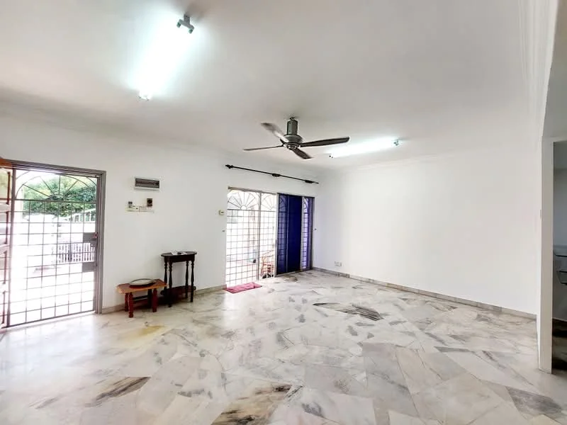 Living features: white painted walls, marble flooring, 5-blade ceiling fan with light, sliding glass door, floor-to-ceiling windows, natural light from windows, decorative wall-mounted unit, door leading outside; style: modern; view: garden.