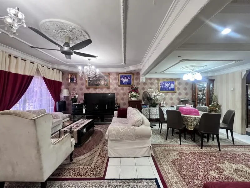 Living features: 5-blade ceiling fan with light, chandelier, cream upholstered sofa, 2-seater fabric sofa in beige, coffee table, TV console, wall-mounted TV, area rug with geometric pattern, decorative wall art, dining table with upholstered chairs, curtains in red and cream, white tiled flooring, crown moulding, recessed downlights; style: traditional.