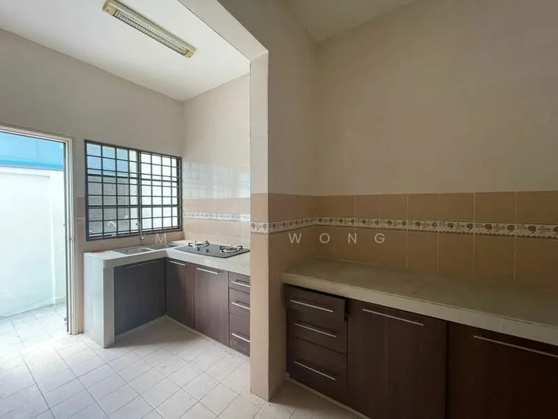 Kitchen features: brown wooden cabinetry, white countertop, double-basin sink, gas stove with two burners, tile backsplash with decorative border, window with grid pattern, light fixture on ceiling, ceramic tile flooring; style: modern.