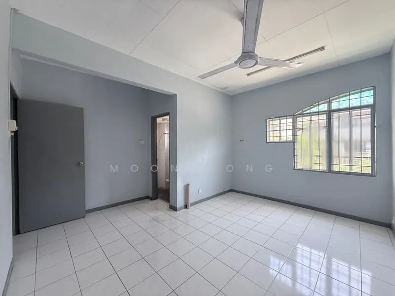 Room features: white painted walls, white tiled flooring, ceiling fan, large window with grid design, door leading to another room, natural light from window, neutral color scheme, no visible furniture; style: minimalist; view: garden.