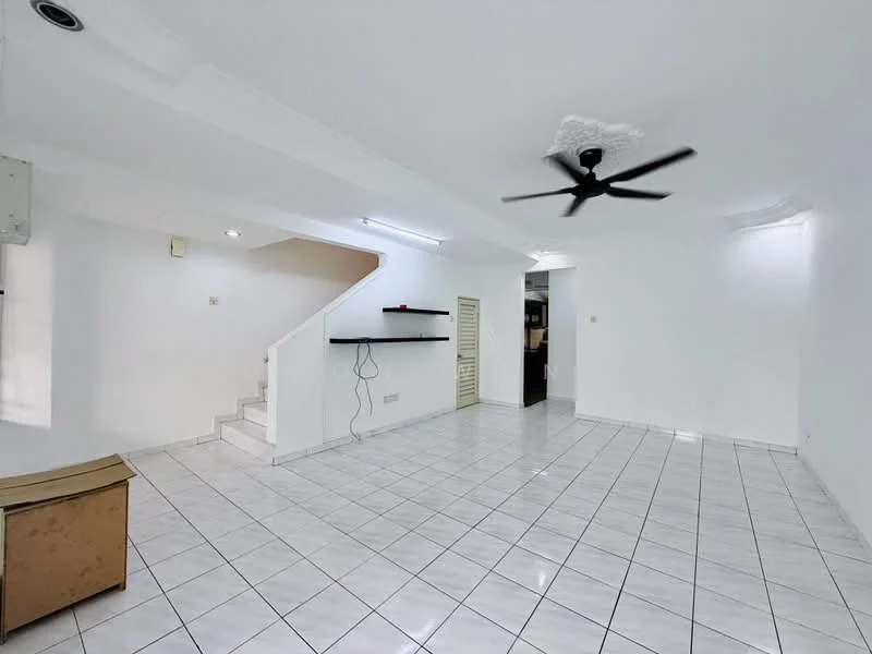 Living features: white painted walls, glossy white tile flooring, 5-blade ceiling fan with light, staircase leading to upper floor, recessed lighting, wall-mounted shelf, open layout, no visible furniture; style: modern.