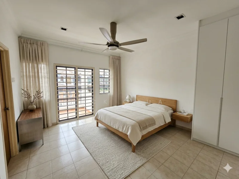 Bedroom features: king-size bed with beige bedding, wooden bed frame, 2 bedside tables, table lamps on bedside tables, built-in wardrobe with sliding doors, 5-blade ceiling fan, floor-to-ceiling windows, sheer curtains, tile flooring, area rug with neutral color, decorative vase on bedside table; style: modern; view: garden.