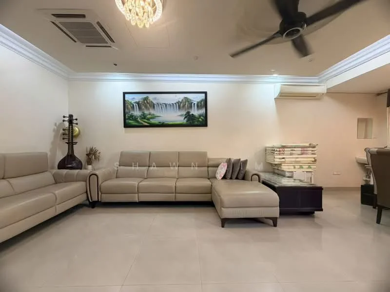 Living features: 3-seater leather sofa in beige, 2-seater leather sofa in beige, chaise lounge, coffee table, wall-mounted artwork with waterfall scene, recessed ceiling lights, 5-blade ceiling fan, air conditioning unit, cream painted walls, tile flooring, decorative plant, stack of magazines or books; style: contemporary.