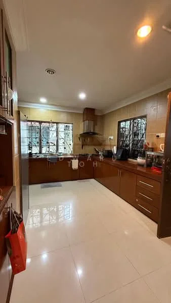 Kitchen features: brown wooden cabinetry, white quartz countertop, stainless-steel sink, chrome pull-down faucet, built-in oven, freestanding range oven, microwave, ceramic tile flooring, recessed downlights, window with metal grilles, kitchen island, open shelving, wall-mounted range hood; style: modern.