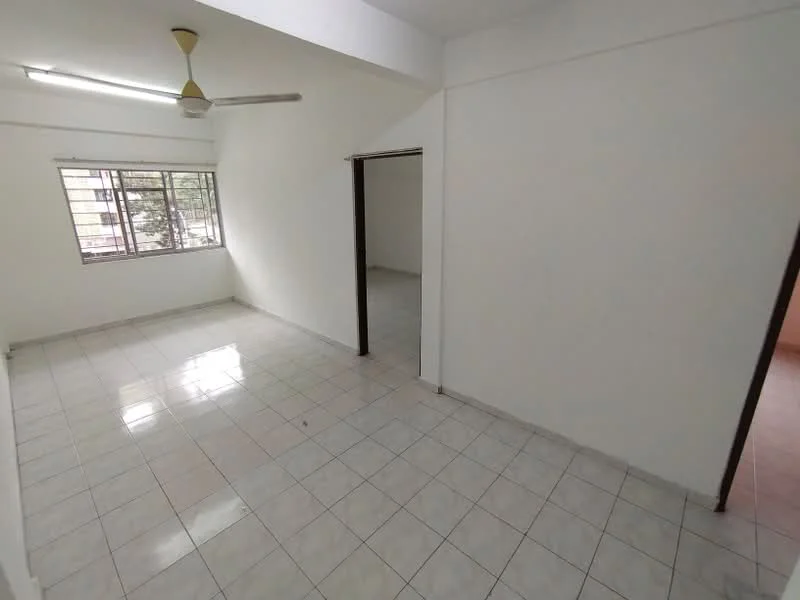 Room features: white painted walls, white ceiling, ceiling fan, tile flooring, large window, natural light, open layout, neutral color scheme; style: minimalist; view: garden.