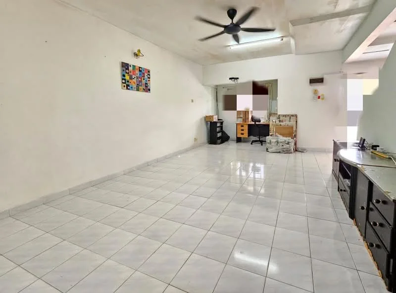 Living features: white painted walls, polished ceramic tile flooring, ceiling fan, large windows, TV console, office desk, decorative artwork, open layout.