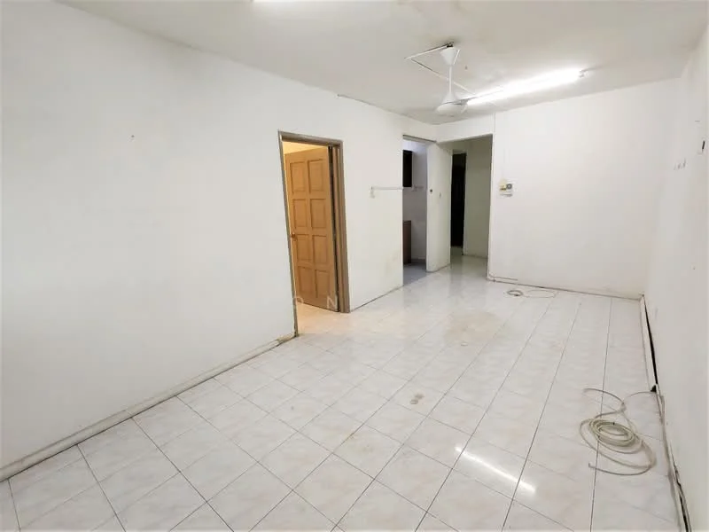 Room features: white painted walls, glossy white tile flooring, ceiling fan, doorway leading to another room, visible electrical outlets, light fixture on ceiling, no visible furniture, clean and empty space.