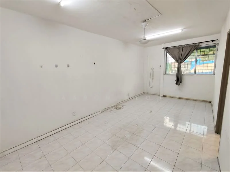 Room features: white painted walls, glossy ceramic tile flooring, ceiling fan, window with curtain, power outlet, light fixtures on ceiling, baseboards, clean and empty space.
