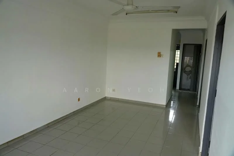 Room features: white painted walls, glossy ceramic tile flooring, ceiling fan, doorway leading to another room, neutral color scheme, no visible furniture, natural light from window, simple ceiling design; style: minimalist.