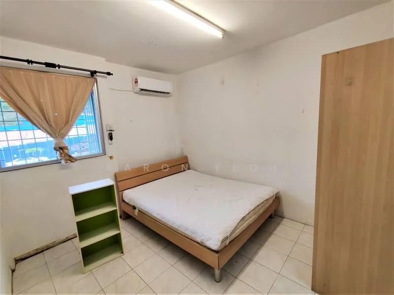 Bedroom features: single bed, white mattress, wooden bed frame, green and white bookshelf, floor-to-ceiling window, sheer curtains, wall-mounted split AC, tile flooring, plain white walls, ceiling light fixture; style: minimalist.