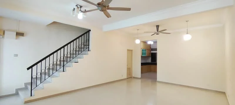 Living features: white painted walls, polished concrete flooring, tray ceiling, 2 ceiling fans, 3 pendant lights, staircase with black railing, open layout to kitchen, large windows for natural light; style: modern.