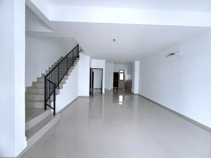 Room features: white painted walls, polished ceramic tile flooring, staircase with metal railing, recessed downlights, open layout, large windows, high ceiling, neutral color scheme; style: modern.