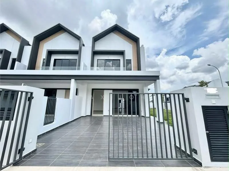 Exterior type: linked terrace house; features: white painted facade, grey accent wall, flat roof, approximately 2-storey, manicured lawn, paved walkway, gated entry, glass balcony railings, large windows, modern architectural design; style: modern.