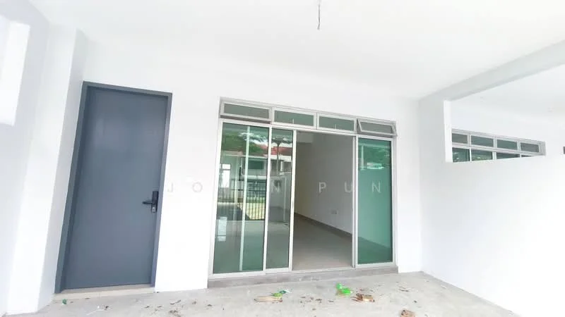 Room features: white painted walls, sliding glass door, floor-to-ceiling windows, grey door, concrete flooring, ceiling with exposed wiring, natural light from windows, open layout; style: modern; view: garden.