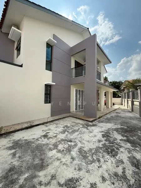 Exterior type: detached bungalow; features: two-storey building, grey and white painted facade, balconies on upper level, large windows, concrete driveway, manicured landscaping, paved walkway, flat roof; style: modern.
