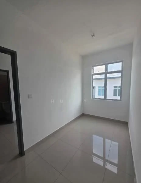Room features: white painted walls, glossy ceramic tile flooring, single window with clear glass, neutral ceiling, no visible furniture or decor; style: minimalist.