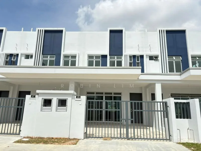 Exterior type: linked terrace house; features: white painted facade, glass windows, metal gate, two-storey structure, front porch area, visible air conditioning units, modern architectural design, symmetrical facade; style: modern.