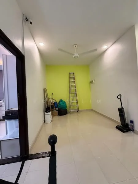 Room features: lime green accent wall, white painted walls, ceramic tile flooring, ceiling fan, ladder, vacuum cleaner, storage boxes, wall-mounted shelf; style: modern.
