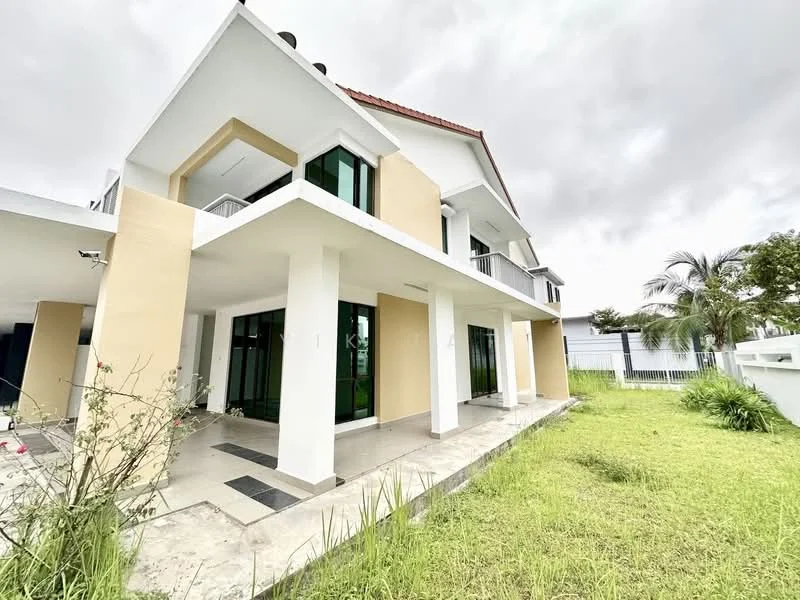 Exterior type: detached bungalow; features: two-storey building, white painted facade, cream accent walls, flat roof, large glass windows, covered porch, manicured lawn, surrounded by greenery, concrete walkway, paved driveway; style: modern.