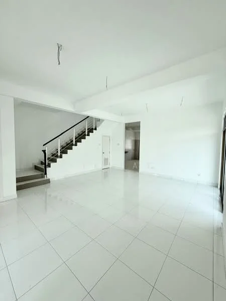 Living features: white painted walls, glossy white tile flooring, exposed ceiling with no fixtures, staircase with metal railing, large windows for natural light, open layout, neutral color scheme, no visible furniture; style: modern.