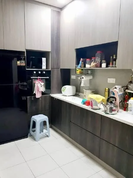 Kitchen features: dark wood cabinetry, white countertop, black refrigerator, built-in oven, microwave, stainless-steel sink, chrome faucet, ceramic tile flooring, wall-mounted shelves, various kitchen appliances, plastic stool, assorted kitchenware; style: modern.