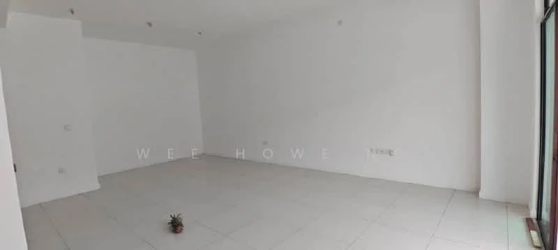 Room features: white painted walls, tile flooring, large windows, natural light, minimalist decor, empty space, no visible furniture, neutral color scheme; style: minimalist.