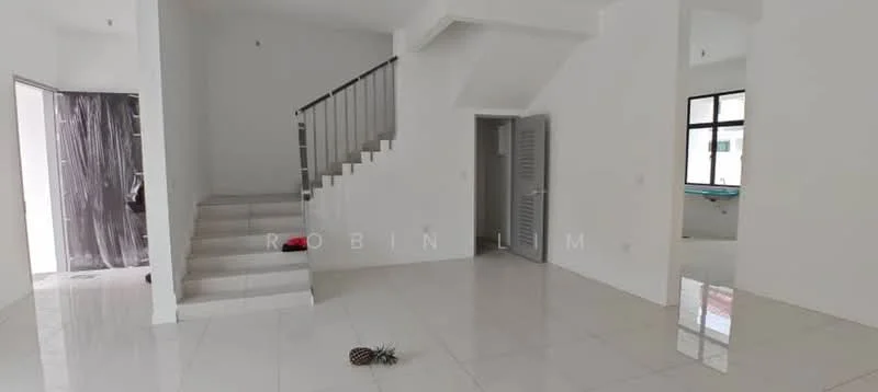 Room features: white painted walls, glossy white tile flooring, staircase with metal railing, large windows, door with louvered panels, open layout, natural light, minimalist decor; style: modern.