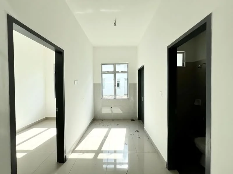 Room features: white painted walls, grey tiled flooring, ceiling light fixture, window with natural light, door frames in dark color, two doorways leading to other rooms, light switch on wall, corner of bathroom visible; style: modern.