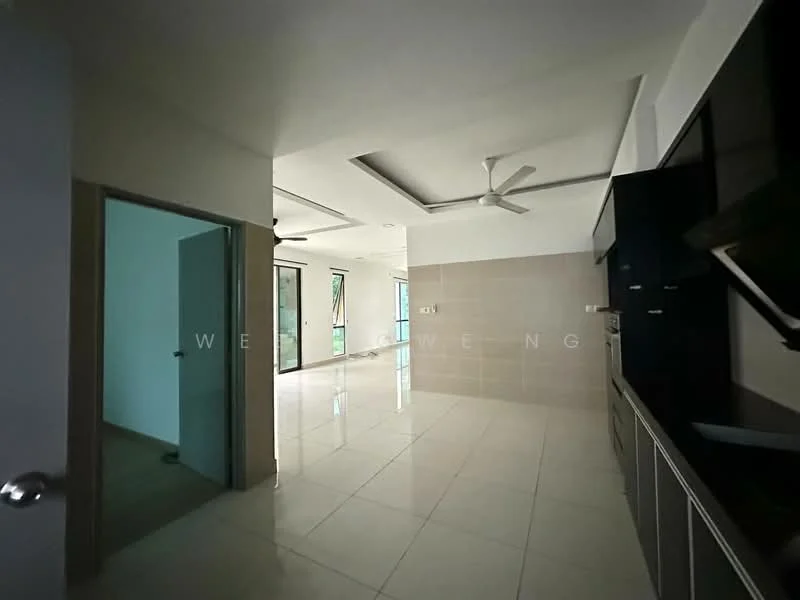 Kitchen features: white painted walls, glossy white tile flooring, ceiling fan, kitchen cabinetry with dark finish, stainless-steel sink, built-in kitchen appliances, open layout, large windows for natural light; style: modern. Living features: white painted walls, glossy white tile flooring, large windows for natural light, open layout, ceiling fan; style: modern.