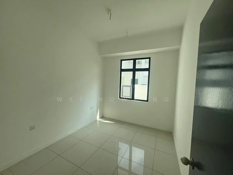 Room features: white painted walls, glossy tile flooring, single window, natural light, ceiling light fixture, plain ceiling, door with handle, no visible furniture; style: minimalist.