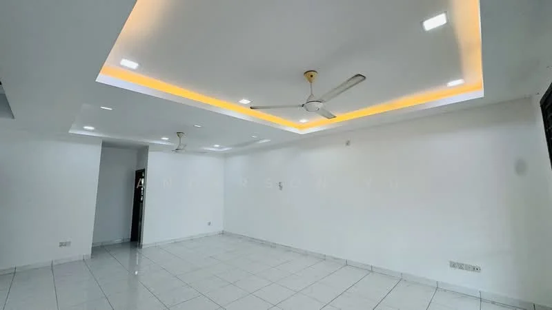 Room features: white painted walls, glossy white tile flooring, tray ceiling with recessed lighting, ceiling fan with light, LED strip lighting, no visible furniture or decor; style: modern.