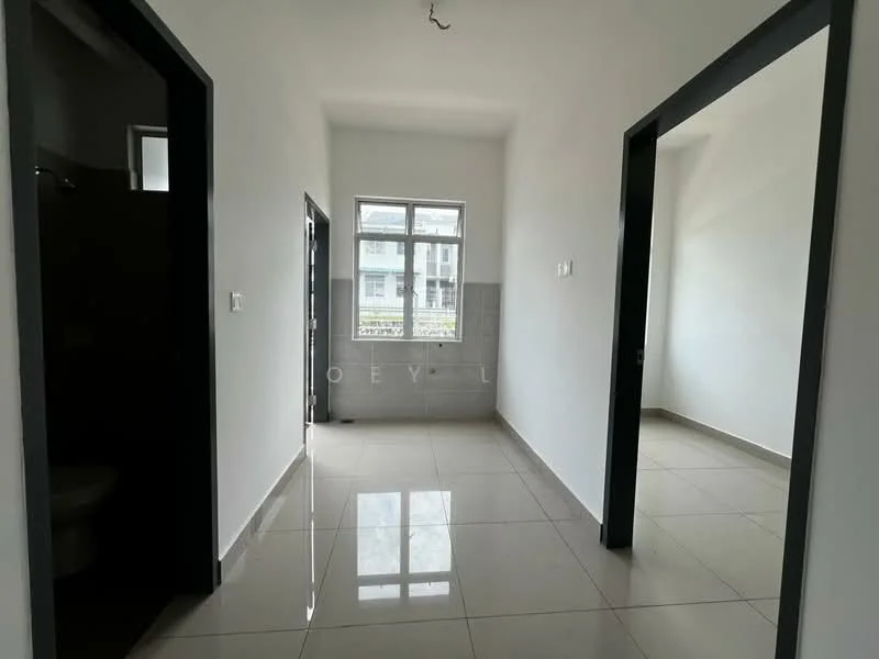 Room features: white painted walls, glossy ceramic tile flooring, single window, door frames with black finish, neutral lighting, open layout, no visible furniture, high ceiling; style: modern.