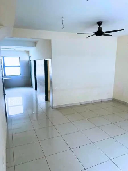 Room features: white painted walls, glossy ceramic tile flooring, ceiling fan, large window, neutral color scheme, open layout, no visible furniture, plain ceiling; style: modern.