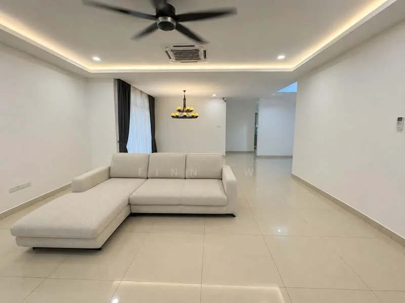 Living features: L-shape sectional sofa in light grey, ceiling fan with integrated LED light, recessed ceiling lights, cream painted walls, glossy beige tile flooring, large windows with sheer curtains, dining area with pendant lighting, air conditioning unit, open layout, neutral color palette; style: modern.