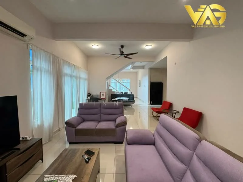 Living features: 3-seater fabric sofa in purple, 2-seater fabric sofa in purple, coffee table, wall-mounted TV, ceiling fan with light, recessed downlights, floor-to-ceiling windows with sheer curtains, white painted walls, glossy tile flooring, decorative wall art, open layout to adjacent room; style: modern.