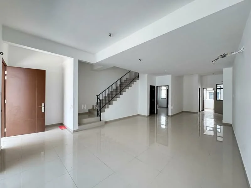 Room features: white painted walls, polished ceramic tile flooring, staircase with metal railing, large windows, open layout, high ceiling, door leading outside, multiple light fixtures; style: modern.