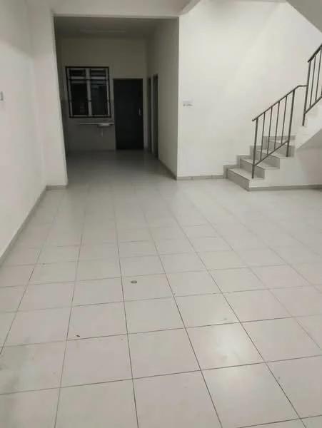 Room features: white painted walls, white tiled flooring, staircase with metal railing, window with black frame, door with black frame, utility area with sink, open layout, high ceiling; style: modern.