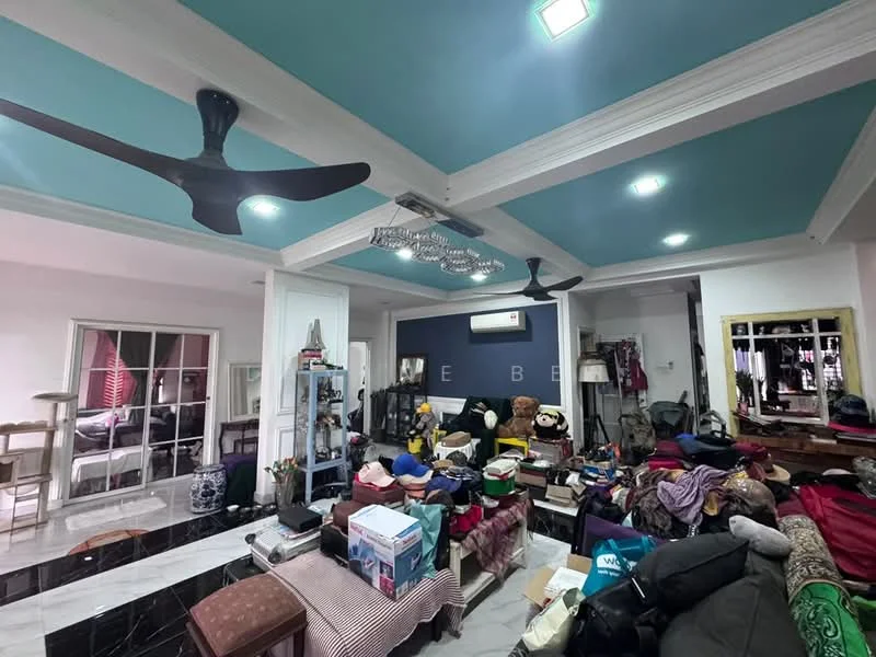 Room features: blue painted ceiling, white walls, black and white marble flooring, 2 ceiling fans, multiple pieces of furniture, cluttered space with various items, shelves with items, large glass door leading outside, air conditioning unit on wall, decorative items, textiles and clothing scattered; style: modern.