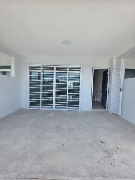 Room features: concrete flooring, white painted walls, sliding glass door, security grilles, overhead ceiling light, open layout, large windows, access door to another room; style: modern.