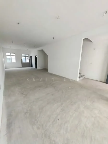 Room features: white painted walls, concrete flooring, multiple windows, staircase, recessed ceiling lights, open layout, high ceilings; style: minimalist.