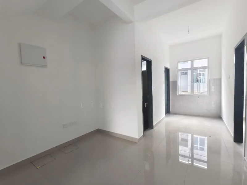 Room features: white painted walls, polished ceramic tile flooring, ceiling with recessed lighting, single window with no treatments, two doorways leading to other rooms, one wall-mounted electrical panel, neutral color scheme, bright natural light; style: modern.