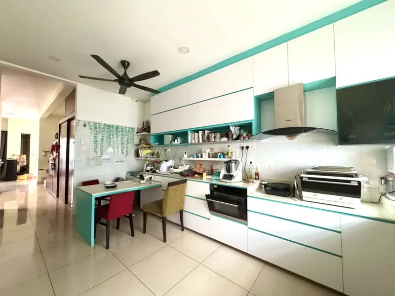 Kitchen features: white cabinetry with turquoise accents, stainless-steel built-in oven, stainless-steel range hood, ceramic tile flooring, 5-blade ceiling fan, kitchen island with seating, countertop with integrated sink, various kitchen appliances visible, open shelving, wall-mounted storage, recessed lighting; style: modern.