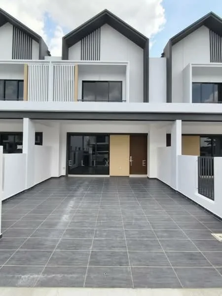 Exterior type: linked terrace house; features: white painted facade, grey accent wall, flat roof, approximately 2-storey, tiled flooring, manicured lawn, front porch area, glass sliding door, balcony on upper level, modern architectural design; style: modern.