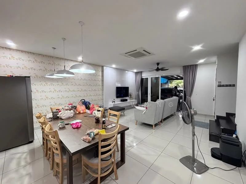 Dining features: dining table with 8 chairs, grey tablecloth, decorative items on table, wall-mounted TV, ceiling lights, white painted walls, tile flooring; style: modern. Living features: 2-seater grey fabric sofa, 3-seater grey fabric sofa, coffee table, floor fan, ceiling fan, curtains, wall-mounted TV, light grey walls, tile flooring; style: modern. Kitchen features: stainless-steel fridge, kitchen cabinets, countertop, open layout, tile flooring; style: modern.